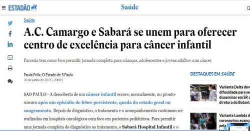 Sabará Hospital Infantil  e A.C. Camargo Cancer Center anunciam parceria para ampliar a prestação de serviços aos pacientes pediátricos com câncer