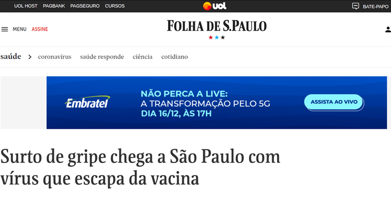 Infectologista do Sabará fala sobre surto de gripe para a Folha de São Paulo